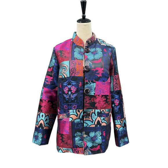 Berek Multicolored Satin Patchwork Jacquard Floral Print Collared Jacket - Picture 1 of 13